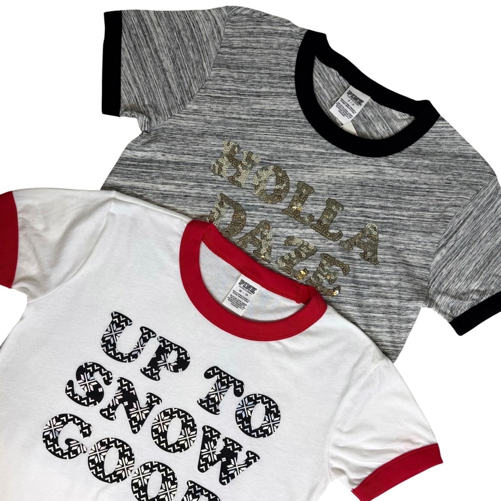 Victoria's Secret PINK Holiday T-Shirt 2pc Bundle S XS Holla Daze Up To Snow